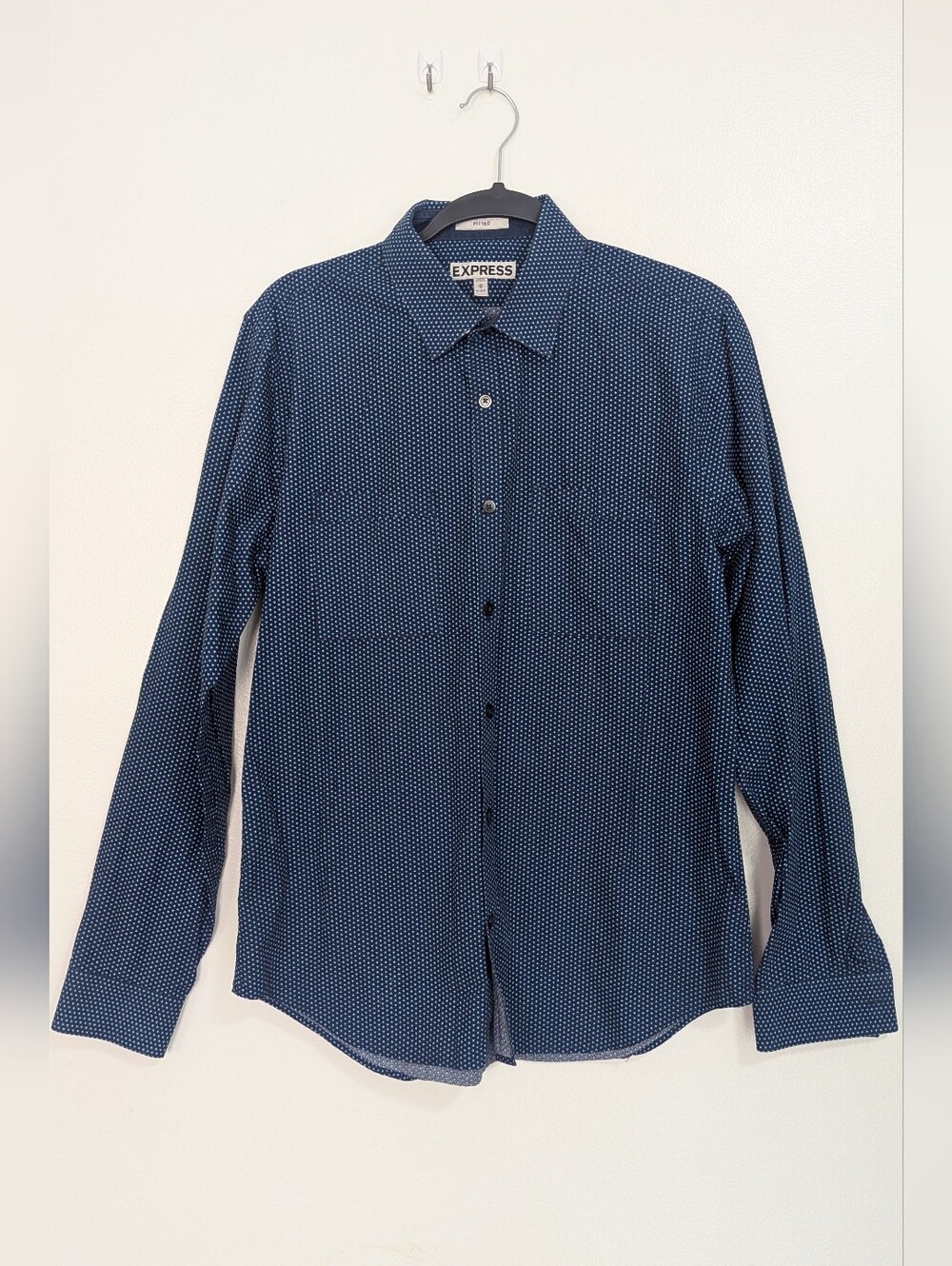 Express Medium‎ Fitted Blue Dotted Geometric Long Sleeve Button Down Shirt